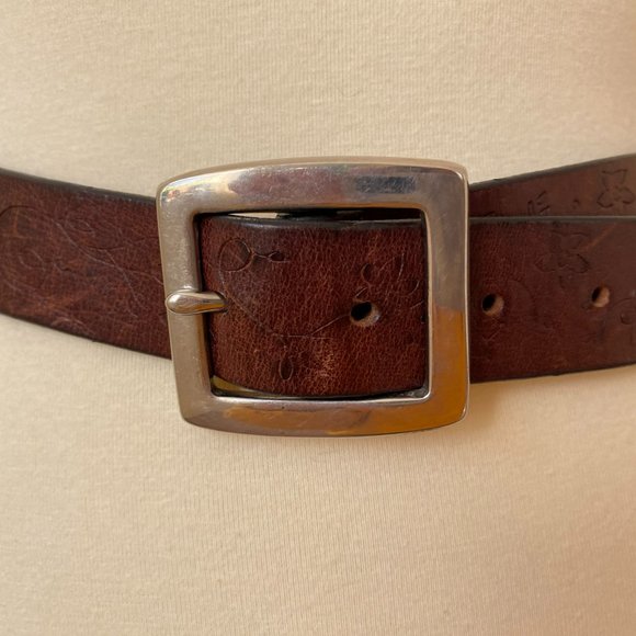 Floral Embossed Leather Belt with Solid Brass Buckle Vintage Brown Leather Belt - Picture 7 of 8